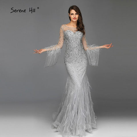 Blcck Long Sleeve O-Neck Feathers Crystal Luxury Evening Dress Gown LA60912