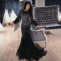 Blcck Long Sleeve O-Neck Feathers Crystal Luxury Evening Dress Gown LA60912