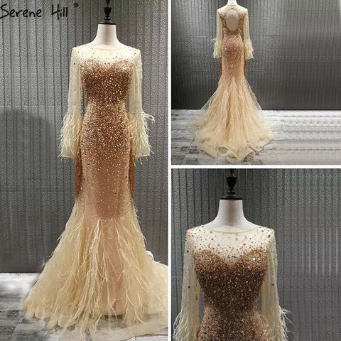 Blcck Long Sleeve O-Neck Feathers Crystal Luxury Evening Dress Gown LA60912