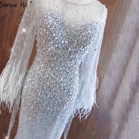 Blcck Long Sleeve O-Neck Feathers Crystal Luxury Evening Dress Gown LA60912