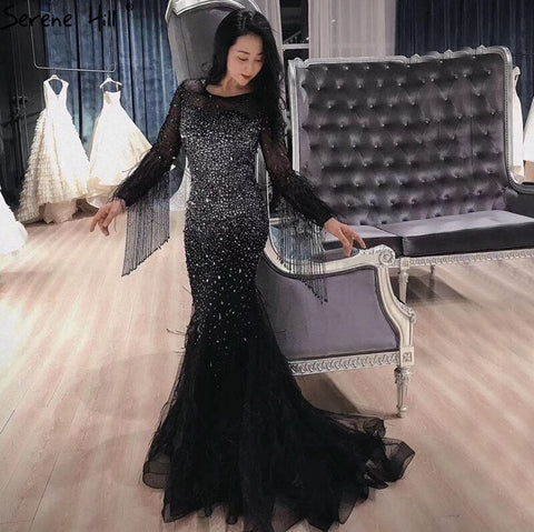 Blcck Long Sleeve O-Neck Feathers Crystal Luxury Evening Dress Gown LA60912