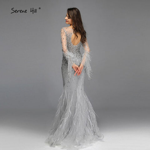 Blcck Long Sleeve O-Neck Feathers Crystal Luxury Evening Dress Gown LA60912