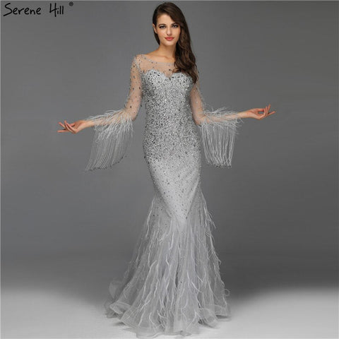 Blcck Long Sleeve O-Neck Feathers Crystal Luxury Evening Dress Gown LA60912