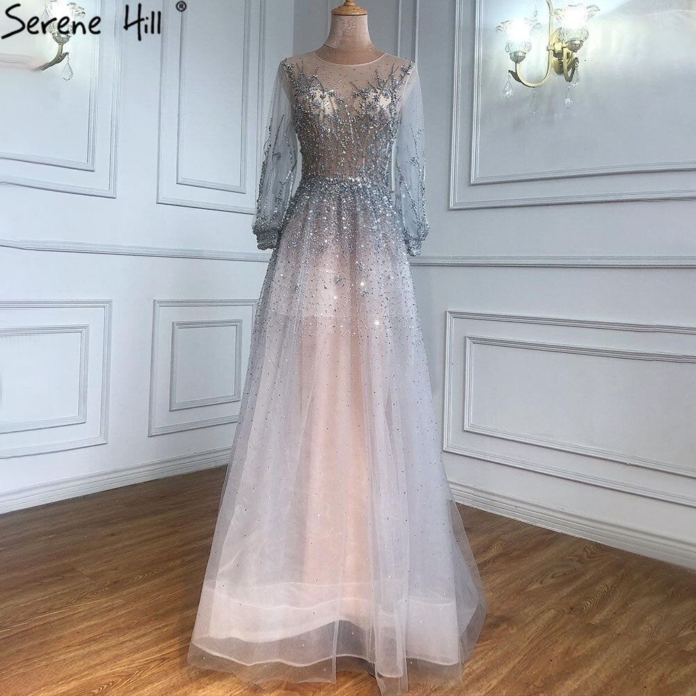 Silver Luxury Long Sleeves Dubai Evening Dresses 2025 A-Line Sequins Beading Sexy Formal Dress LA70418