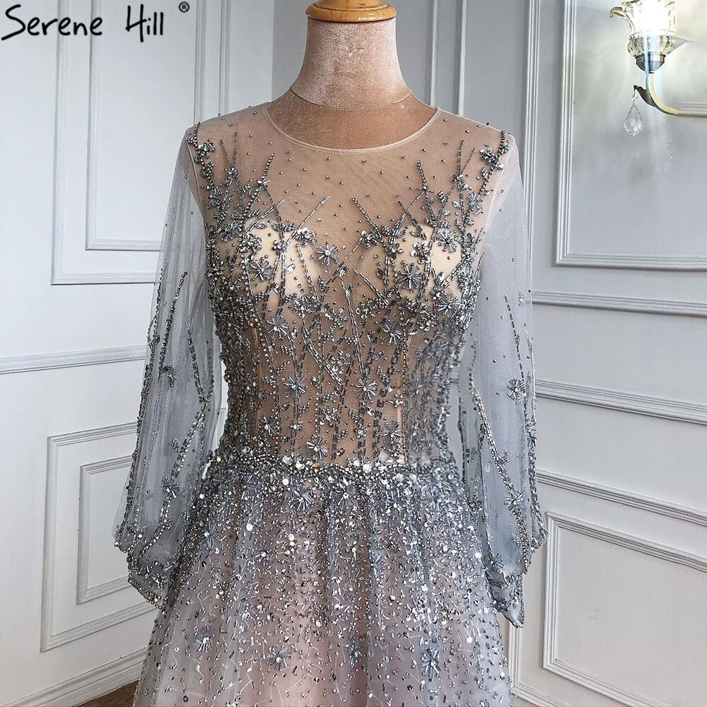 Silver Luxury Long Sleeves Dubai Evening Dresses 2025 A-Line Sequins Beading Sexy Formal Dress LA70418