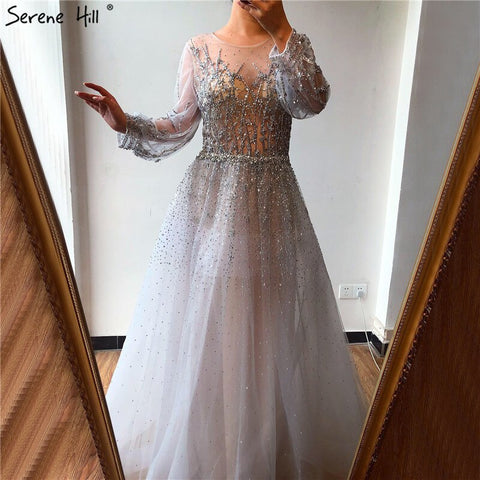 Vestido de noche de lujo plateado estilo Dubái, de manga larga, corte A, con lentejuelas y cuentas, sexy, LA70418 