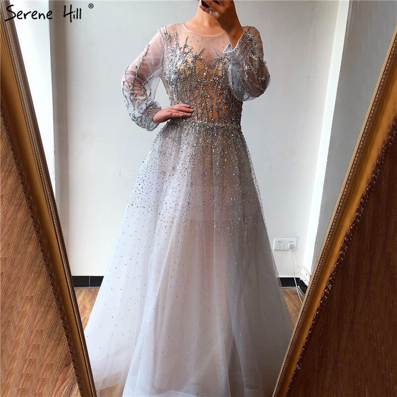 Silver Luxury Long Sleeves Dubai Evening Dresses 2025 A-Line Sequins Beading Sexy Formal Dress LA70418