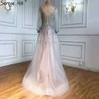 Silver Luxury Long Sleeves Dubai Evening Dresses 2025 A-Line Sequins Beading Sexy Formal Dress LA70418