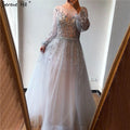 Silver Luxury Long Sleeves Dubai Evening Dresses 2025 A-Line Sequins Beading Sexy Formal Dress LA70418