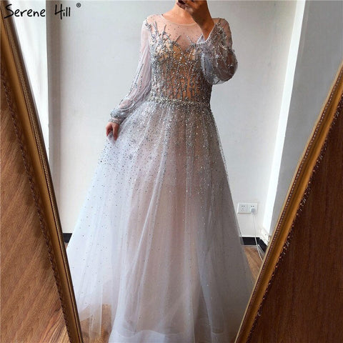 Vestido de noche de lujo plateado estilo Dubái, de manga larga, corte A, con lentejuelas y cuentas, sexy, LA70418 