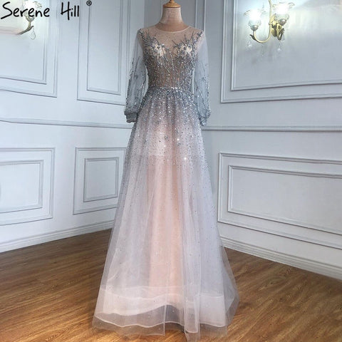 Vestido de noche de lujo plateado estilo Dubái, de manga larga, corte A, con lentejuelas y cuentas, sexy, LA70418 