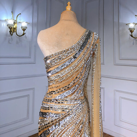 Vestidos de noche de lujo con corte sirena color nude y plateado, elegantes vestidos de noche de un solo hombro con cuentas para mujer, fiesta nocturna LA71413 