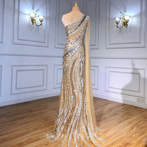 Vestidos de noche de lujo con corte sirena color nude y plateado, elegantes vestidos de noche de un solo hombro con cuentas para mujer, fiesta nocturna LA71413 