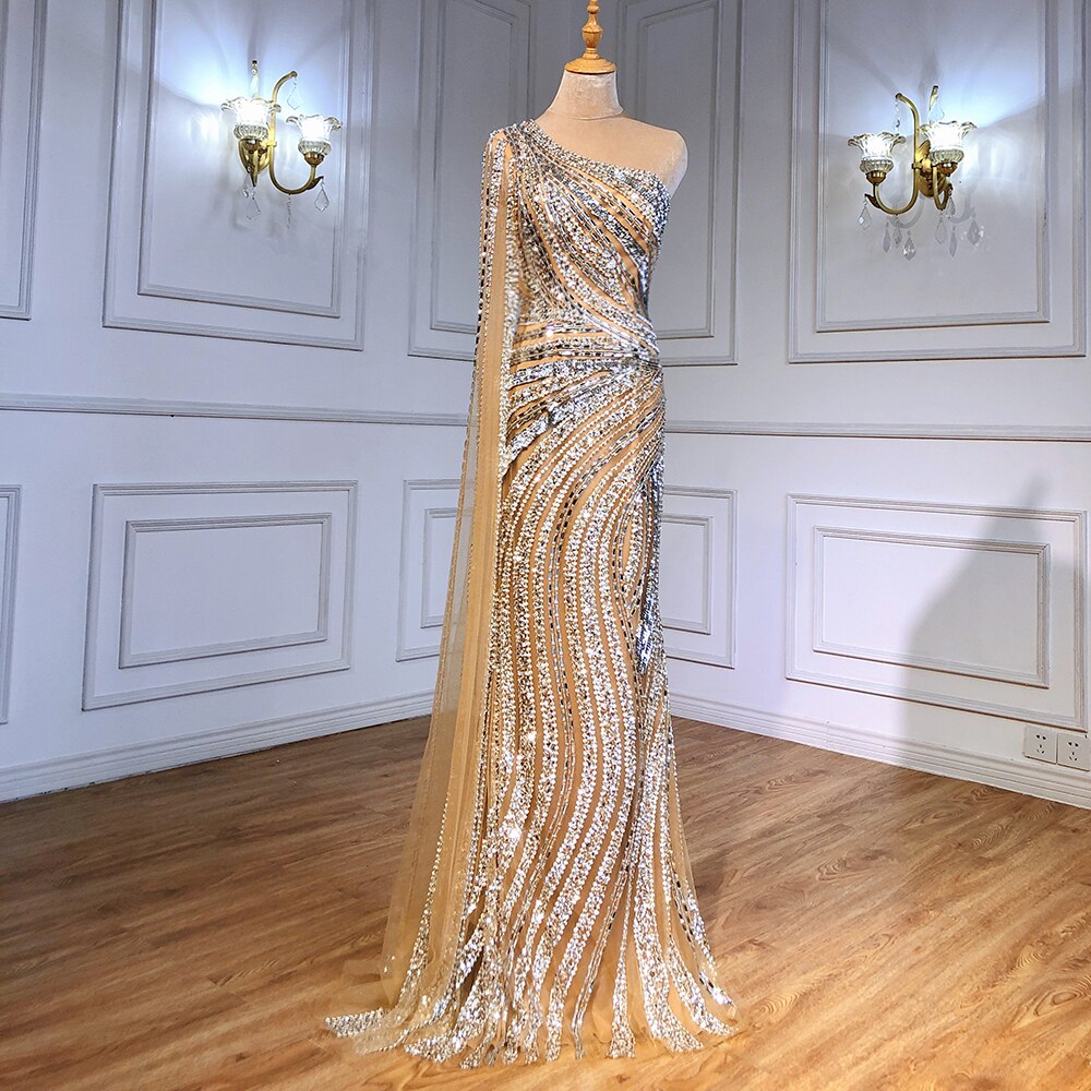 Silver Nude Mermaid Luxury Evening Dresses Gowns 2025 Elegant One Shoulder Beaded For Women Party Night LA71413