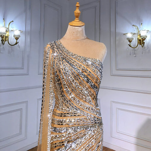 Vestidos de noche de lujo con corte sirena color nude y plateado, elegantes vestidos de noche de un solo hombro con cuentas para mujer, fiesta nocturna LA71413 