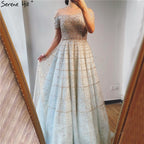 Silver Off Shoulder Short Sleeve Evening Dresses 2025 Dubai A-Line Beading Diamond Evening Gowns LA70263