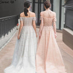 Silver Off Shoulder Short Sleeve Evening Dresses 2025 Dubai A-Line Beading Diamond Evening Gowns LA70263