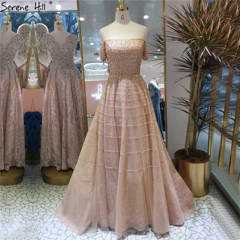 Silver Off Shoulder Short Sleeve Evening Dresses 2025 Dubai A-Line Beading Diamond Evening Gowns LA70263