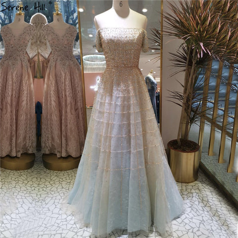 Robe de soirée argentée à épaules dénudées et manches courtes, style A-Line, perles et diamants, Dubaï, LA70263, 2025