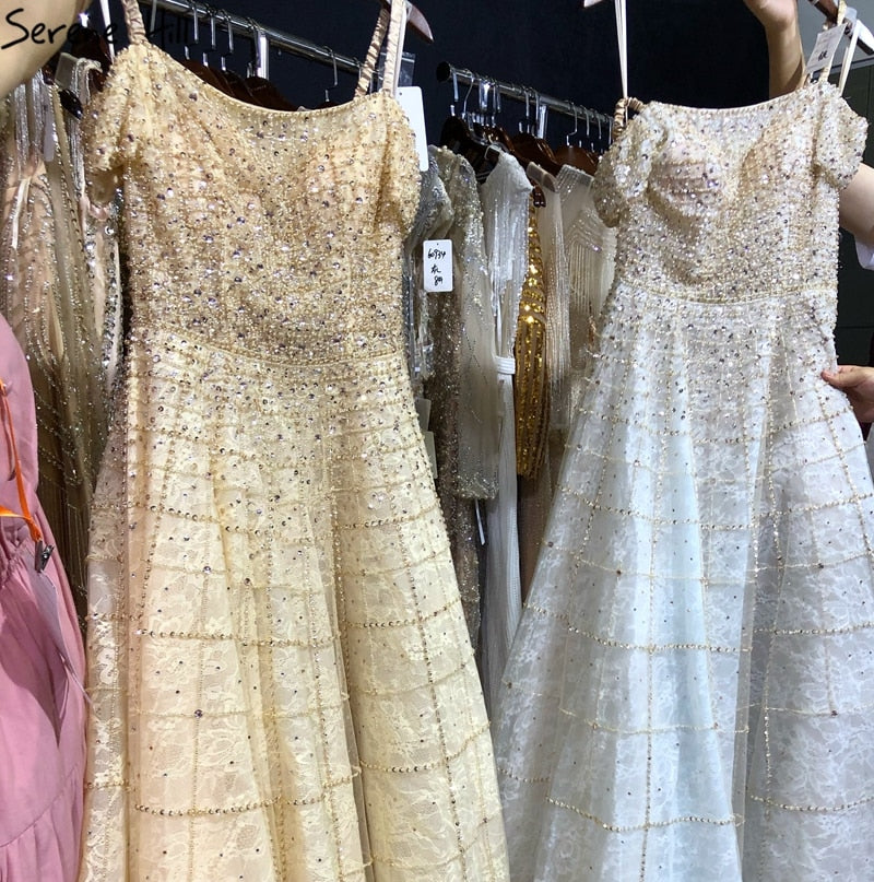 Silver Off Shoulder Short Sleeve Evening Dresses 2025 Dubai A-Line Beading Diamond Evening Gowns LA70263