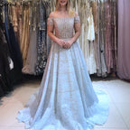 Silver Off Shoulder Short Sleeve Evening Dresses 2025 Dubai A-Line Beading Diamond Evening Gowns LA70263
