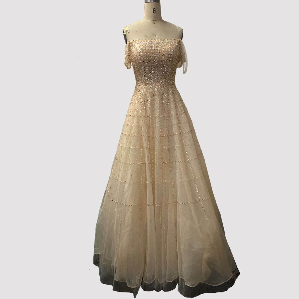 Silver Off Shoulder Short Sleeve Evening Dresses 2025 Dubai A-Line Beading Diamond Evening Gowns LA70263