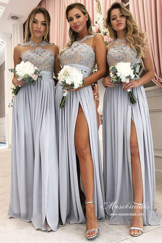 Silver Chiffon A-line Lace Appliqued Bridesmaid Dresses With Slit