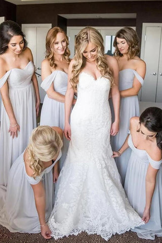 Silver Chiffon A-line Off Shoulder Bridesmaid Dresses, Wedding Party Dress