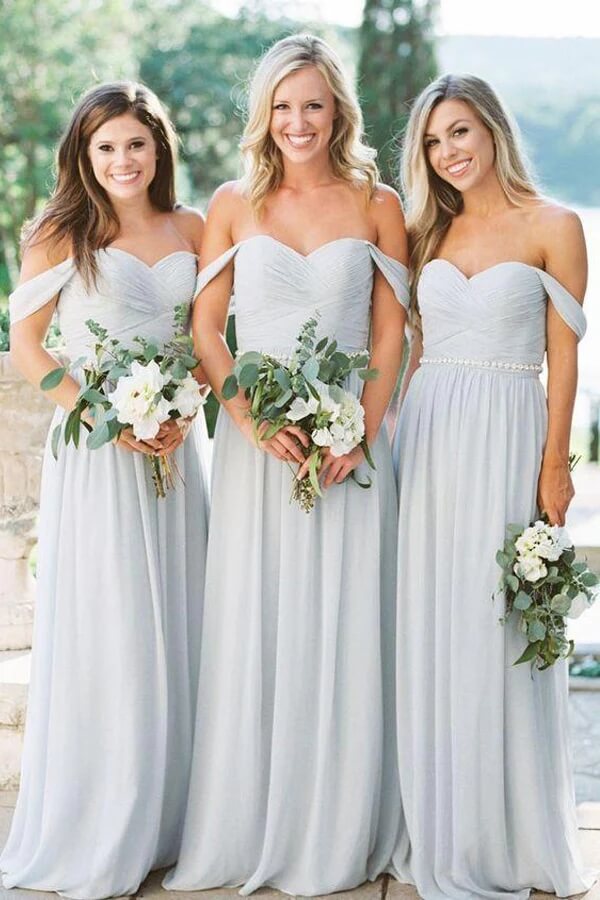 Vestidos de dama de honor plateados de gasa, corte en A, hombros descubiertos, para bodas y fiestas. 