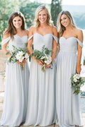 Vestidos de dama de honor plateados de gasa, corte en A, hombros descubiertos, para bodas y fiestas. 
