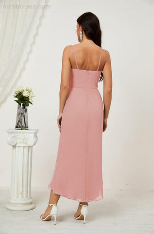 Vestido de dama de honor de gasa con escote en V y abertura media, vestido formal de fiesta, vestido de bienvenida 2803 