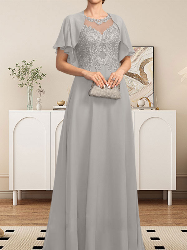 Robe de mère de la mariée en mousseline de dentelle, coupe trapèze, décolleté illusion, longueur au sol, ornée de sequins
