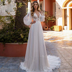 Robe de mariée simple en mousseline, coupe trapèze, col en V, élégante, dos orné de boutons décoratifs, idéale pour une fête sur la plage ou un événement spécial novembre.