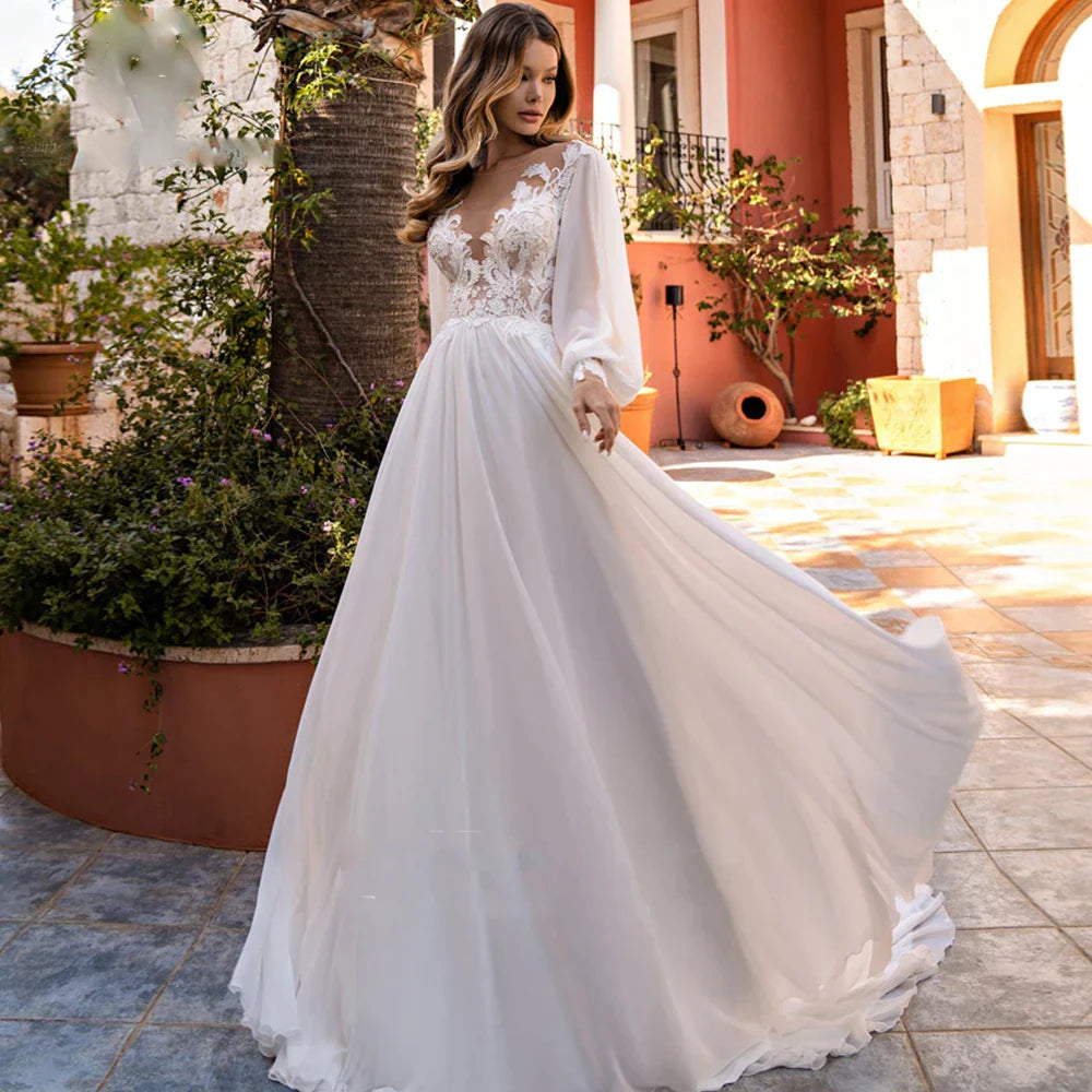 Robe de mariée simple en mousseline, coupe trapèze, col en V, élégante, dos orné de boutons décoratifs, idéale pour une fête sur la plage ou un événement spécial novembre.