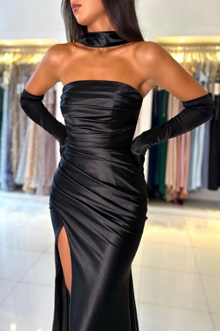 Robe de bal sirène noire simple et longue en satin sans bretelles avec fente