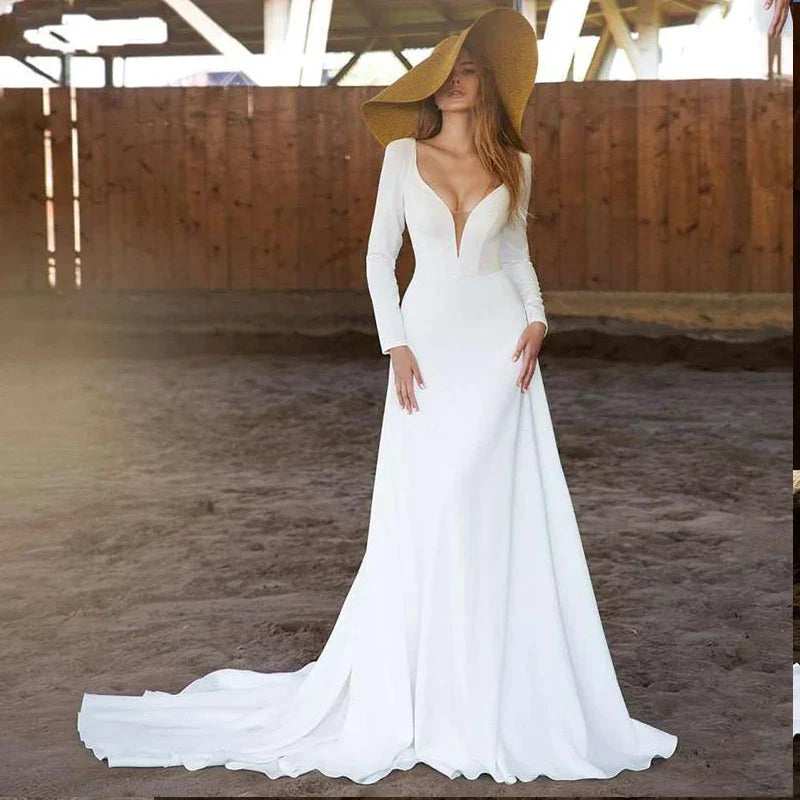 Vestidos de novia sencillos de manga larga 2024, vestido de novia sexy con escote en V profundo, espalda descubierta y cola de barrido, vestido de novia civil, boda campestre 