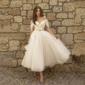 Robe de mariée courte et simple pour la plage 2022, col en V, épaules dénudées, sur mesure, coupe trapèze, longueur thé, dos nu, Vestidos De Novia