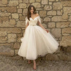 Robe de mariée courte et simple pour la plage 2022, col en V, épaules dénudées, sur mesure, coupe trapèze, longueur thé, dos nu, Vestidos De Novia