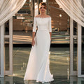 Vestido de novia elegante, recién llegado, escote barco, mangas 3/4, apliques de cuentas, corte A, jersey, vestido de novia 