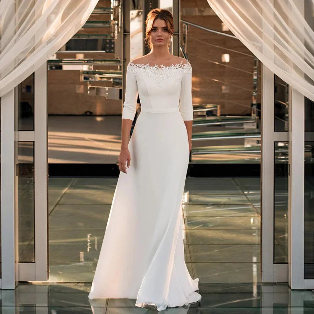 Vestido de novia elegante, recién llegado, escote barco, mangas 3/4, apliques de cuentas, corte A, jersey, vestido de novia 
