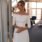 Vestido de novia elegante, recién llegado, escote barco, mangas 3/4, apliques de cuentas, corte A, jersey, vestido de novia 