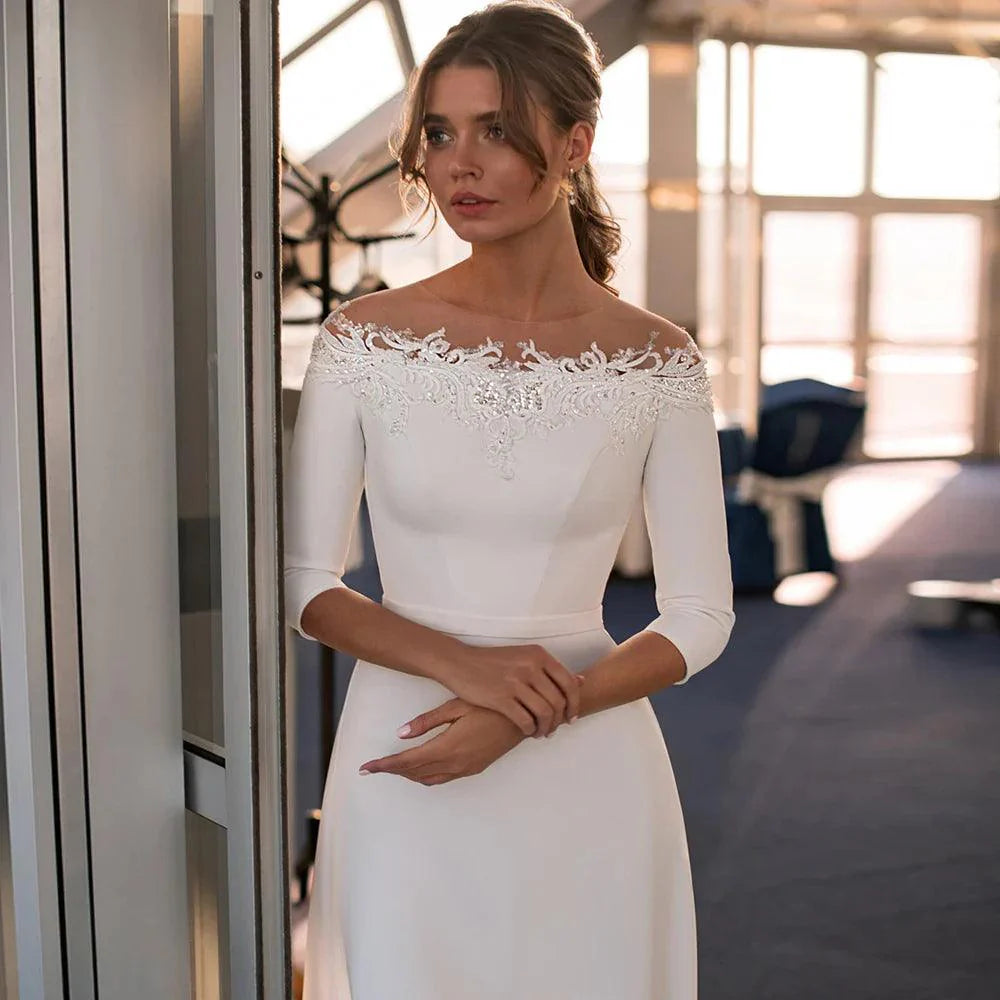 Vestido de novia elegante, recién llegado, escote barco, mangas 3/4, apliques de cuentas, corte A, jersey, vestido de novia 
