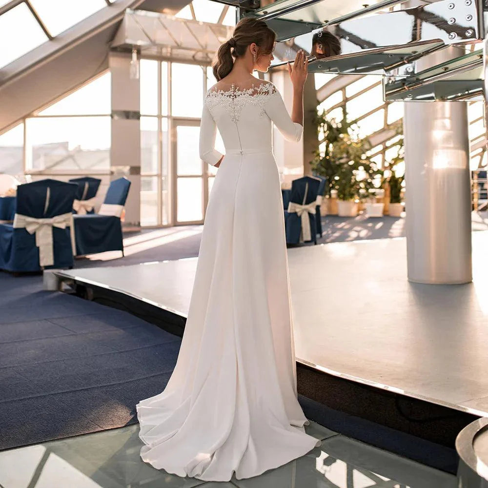 Vestido de novia elegante, recién llegado, escote barco, mangas 3/4, apliques de cuentas, corte A, jersey, vestido de novia 