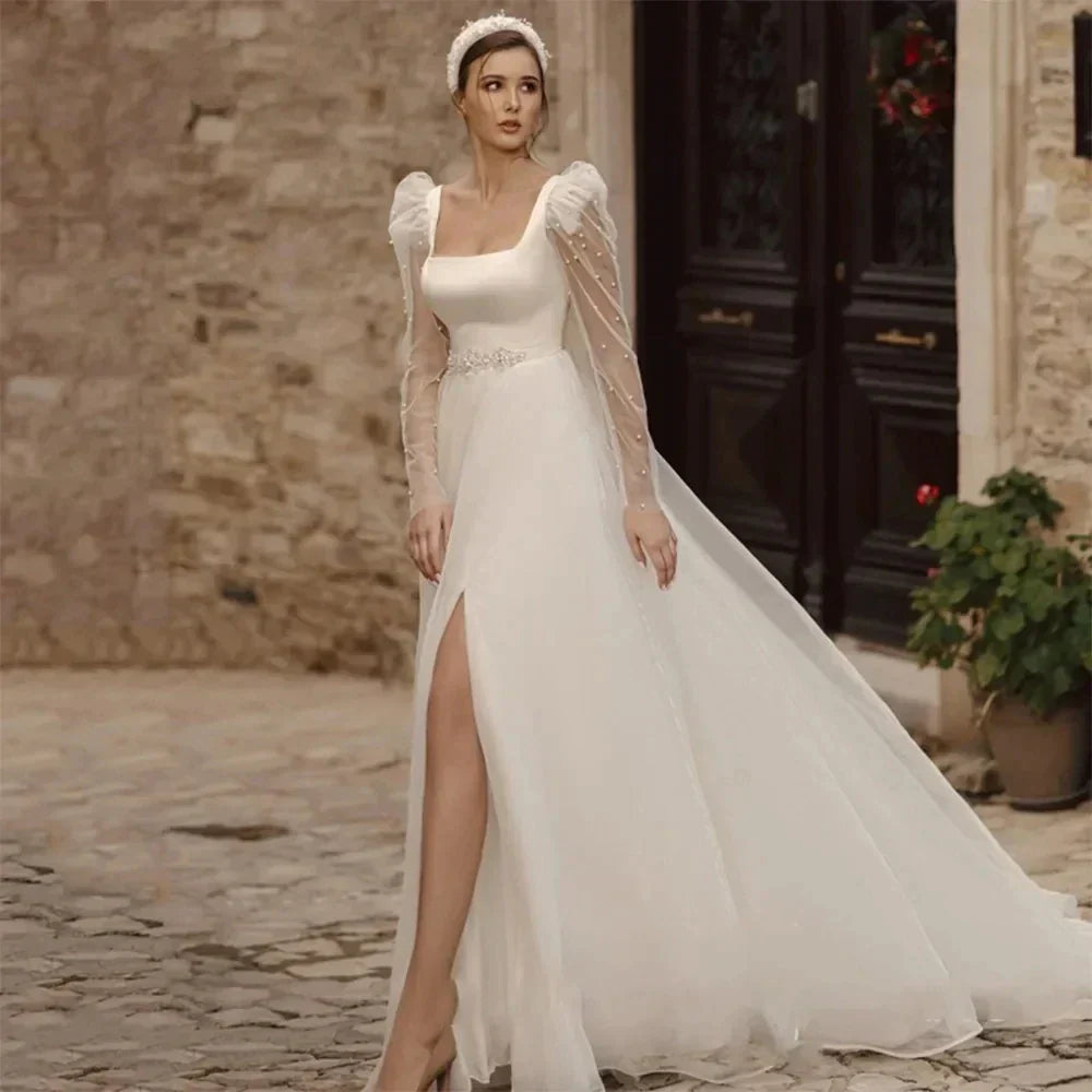 Vestidos de novia sencillos, corte A, manga larga ilusión, tul vaporoso, vestidos de baile, vestidos formales para novia, fiesta en la playa, vestidos para mujer 