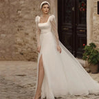 Vestidos de novia sencillos, corte A, manga larga ilusión, tul vaporoso, vestidos de baile, vestidos formales para novia, fiesta en la playa, vestidos para mujer 