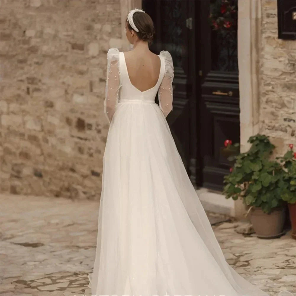 Vestidos de novia sencillos, corte A, manga larga ilusión, tul vaporoso, vestidos de baile, vestidos formales para novia, fiesta en la playa, vestidos para mujer 