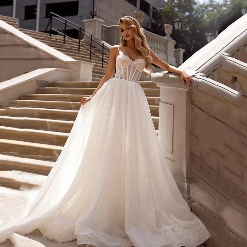 Robes De mariée simples avec Tulle brillant, bretelles Spaghetti Sexy, sur mesure
