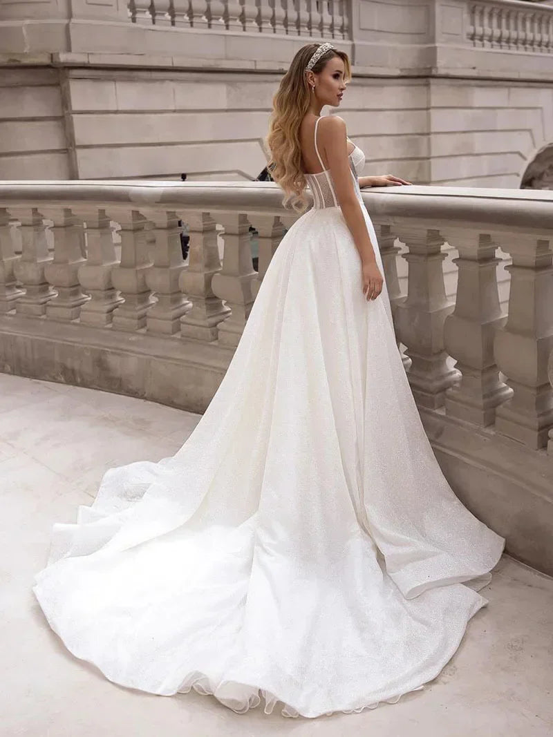 Robes De mariée simples avec Tulle brillant, bretelles Spaghetti Sexy, sur mesure