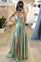 Vestido largo de fiesta sencillo de corte A con tirantes finos y abertura, estilo vestido de noche