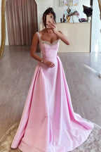 Vestidos de fiesta largos, sencillos, de corte en A, en satén rosa con pedrería